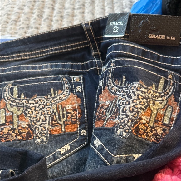 Grace in LA Denim - Grace in LA Dark Blue Jeans with Bull Skull Embroidery